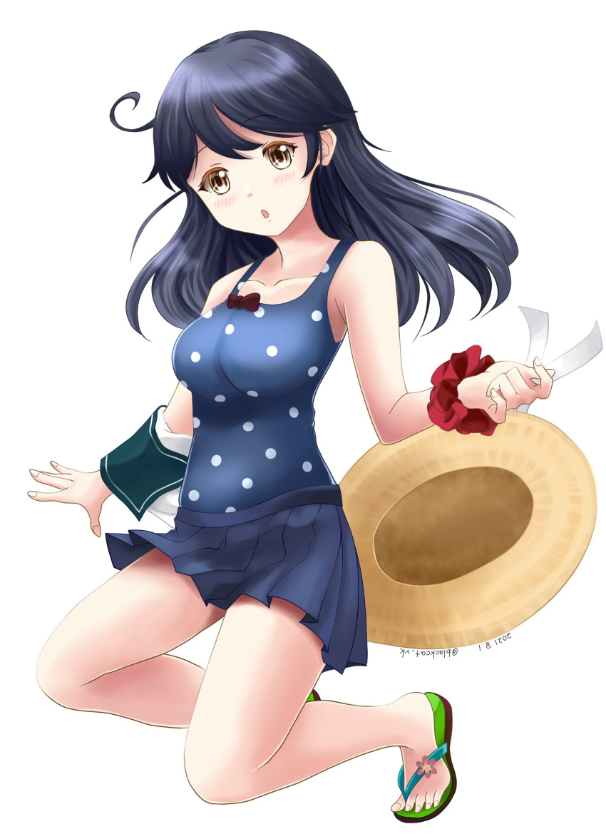 1girl ahoge black_hair blue_skirt blue_swimsuit breasts brown_eyes casual_one-piece_swimsuit collarbone commentary_request dress hat highres kantai_collection kuroneko86 long_hair medium_breasts one-hour_drawing_challenge one-piece_swimsuit pleated_dress polka_dot polka_dot_swimsuit sandals shirt_removed simple_background skirt solo straw_hat sun_hat swimsuit ushio_(kancolle) white_background