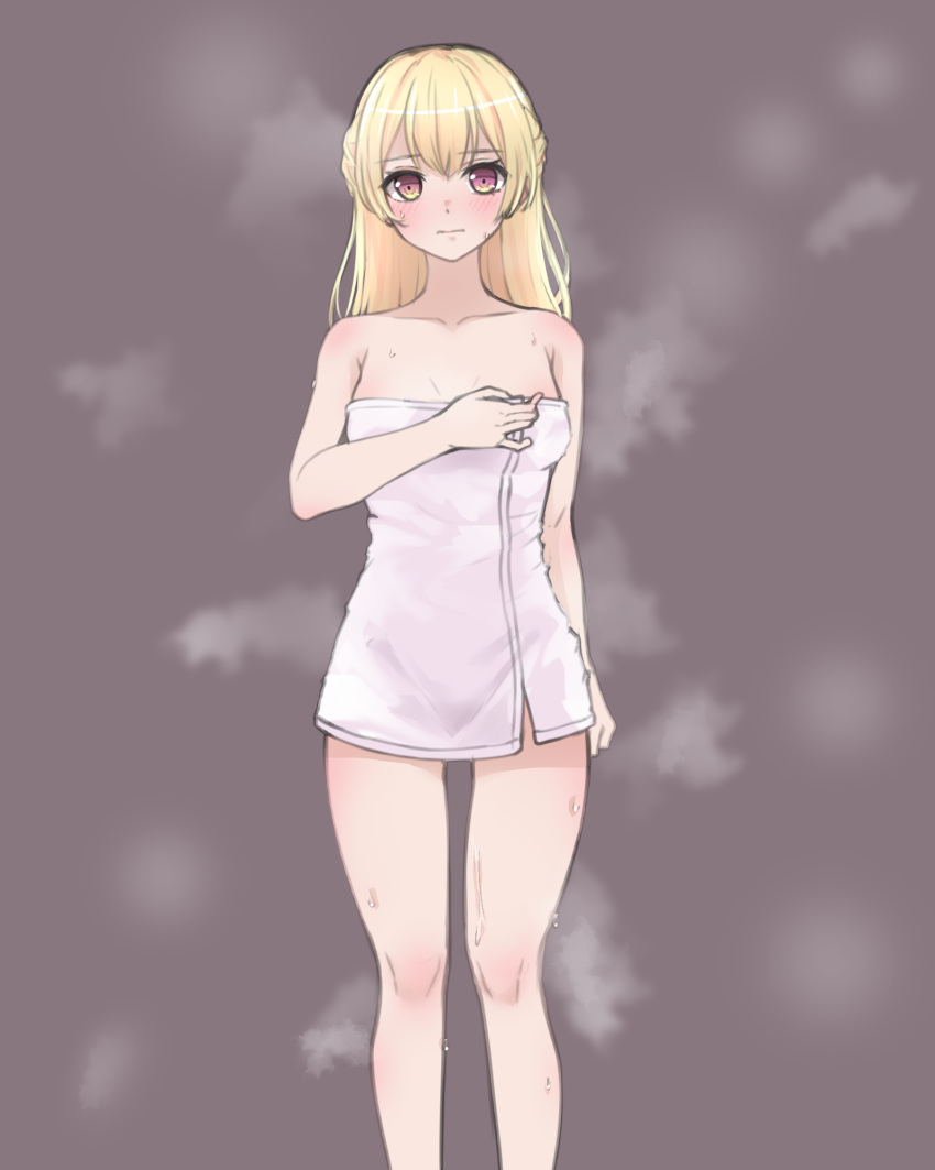 1girl bang_dream! bangs bare_legs bare_shoulders blonde_hair blush breasts closed_mouth feet_out_of_frame grey_background half_updo highres long_hair looking_at_viewer medium_breasts naked_towel ptal shirasagi_chisato sidelocks sketch solo standing steaming_body sweat thigh_gap thighs towel violet_eyes wet