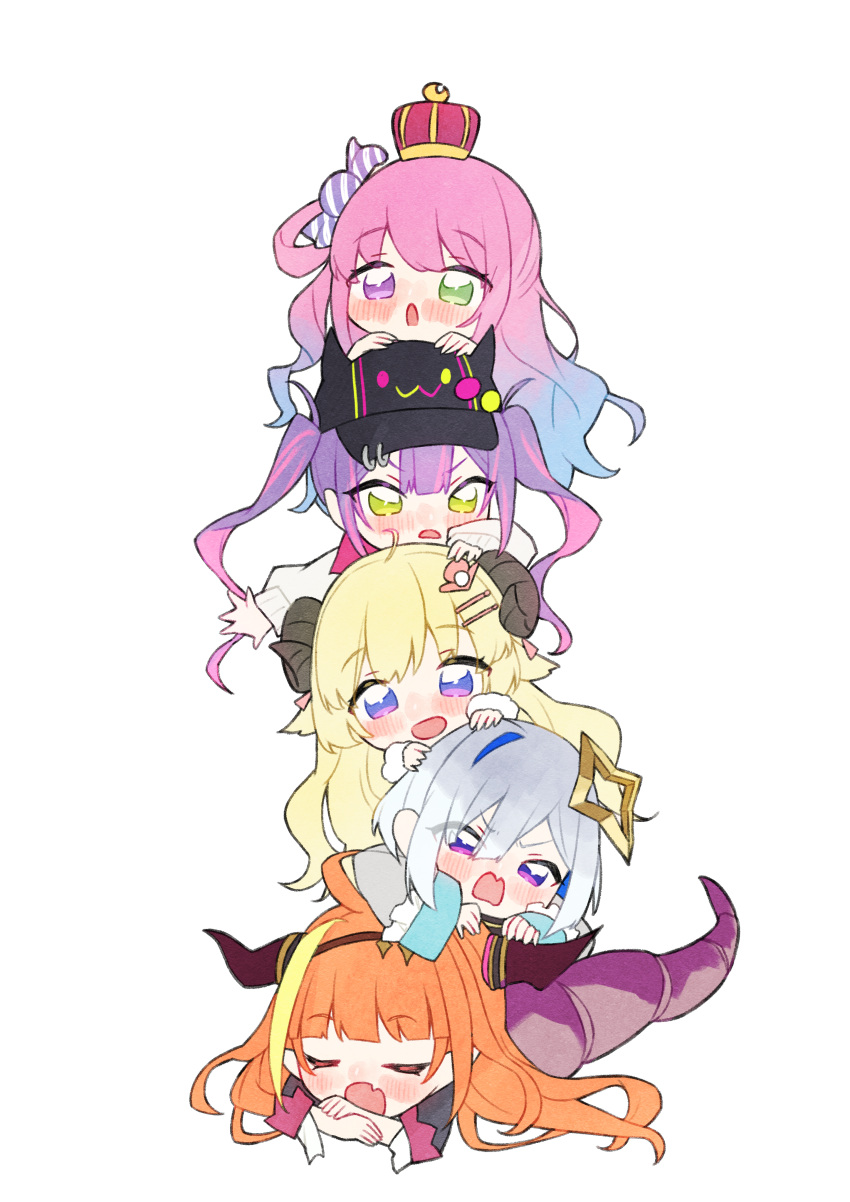 5girls :3 :o absurdres amane_kanata angry animal_ears bibi_(tokoyami_towa) blonde_hair blue_hair blush candy_hair_ornament chibi closed_eyes commentary_request crossed_arms crown dragon_girl dragon_horns dragon_tail eyebrows_visible_through_hair fang food-themed_hair_ornament gradient_hair green_eyes grey_jacket hair_ornament hair_rings hairclip halo hands_on_another's_head heterochromia highres himemori_luna hololive horns jacket kiryu_coco light_blue_hair long_hair long_sleeves lying lying_on_person multicolored_hair multiple_girls neru_(flareuptf1) on_stomach open_mouth orange_hair pink_hair pointy_ears purple_hair sheep_ears sheep_girl sheep_horns shirt silver_hair simple_background skin_fang star_halo streaked_hair tail tokoyami_towa tsunomaki_watame twintails very_long_hair violet_eyes virtual_youtuber white_background white_shirt