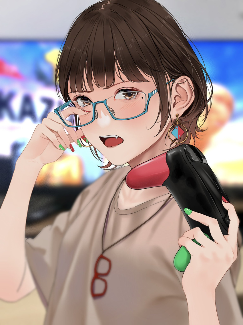 1girl bangs blue-framed_eyewear blurry blurry_background blush brown_eyes brown_hair controller earrings glasses grey_shirt hand_up highres holding holding_controller indoors jewelry looking_at_viewer mole mole_under_eye nail_polish necklace open_mouth original saitou_(lynx-shrike) shirt short_hair short_sleeves solo television