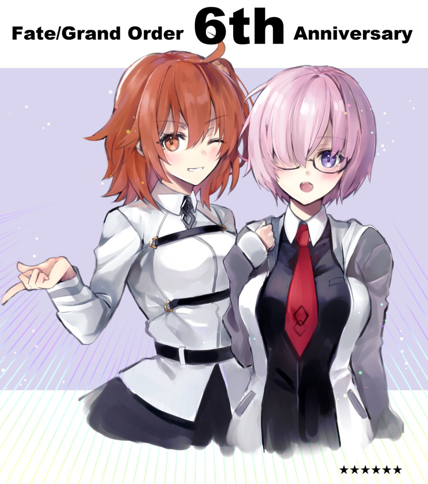 2girls ahoge bad_anatomy bangs blush breasts chaldea_uniform commentary_request copyright_name cowboy_shot cropped_legs fate/grand_order fate_(series) fujimaru_ritsuka_(female) glasses grey_jacket grin hair_between_eyes hair_over_one_eye hand_up hane_yuki highres jacket large_breasts long_sleeves mash_kyrielight medium_breasts multiple_girls necktie one_eye_closed open_clothes open_jacket open_mouth orange_eyes orange_hair pantyhose red_neckwear shiny shiny_hair short_hair side_ponytail smile star_(symbol) teeth two-tone_background upper_teeth violet_eyes white_jacket