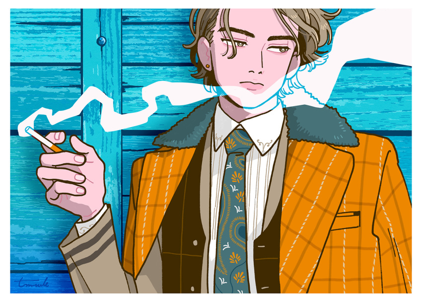 1boy brown_hair cigarette coat collared_shirt earrings half-closed_eyes jewelry kk724 long_sleeves necktie orange_coat original paisley pinstripe_pattern print_neckwear shadow shirt short_hair signature smoke smoking solo striped upper_body white_shirt