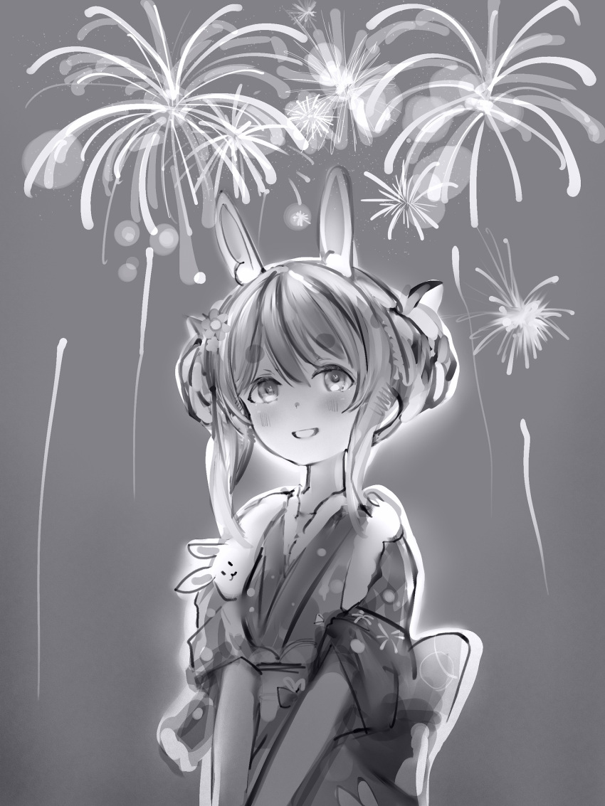 1girl :d aerial_fireworks animal_ears blush don-chan_(usada_pekora) double_bun fireworks greyscale highres hololive japanese_clothes kimono looking_at_viewer monochrome nanashi_(nlo) obi open_mouth rabbit_ears sash short_sleeves smile solo summer_festival thick_eyebrows usada_pekora