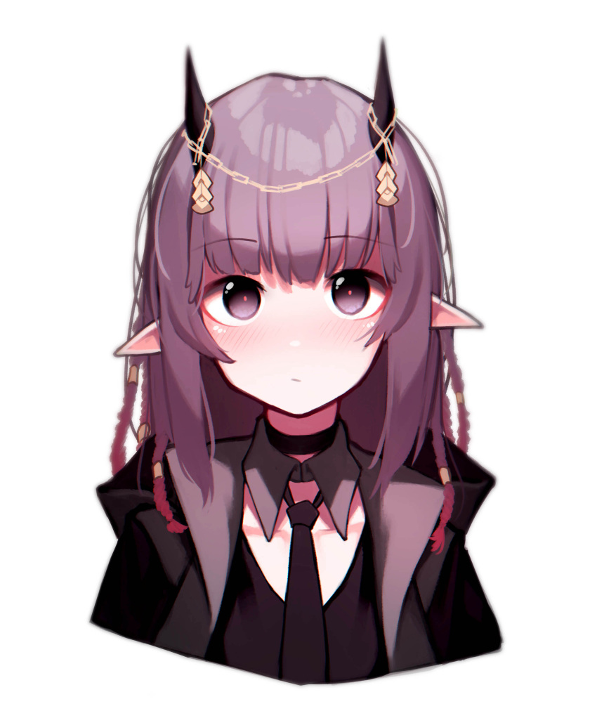 1girl absurdres arknights bangs beudelb blush braid demon_horns ears_down eyebrows_visible_through_hair highres horn_ornament horns jacket lava_(arknights) lava_the_purgatory_(arknights) long_hair necktie open_clothes open_jacket pointy_ears purple_hair simple_background solo upper_body violet_eyes white_background