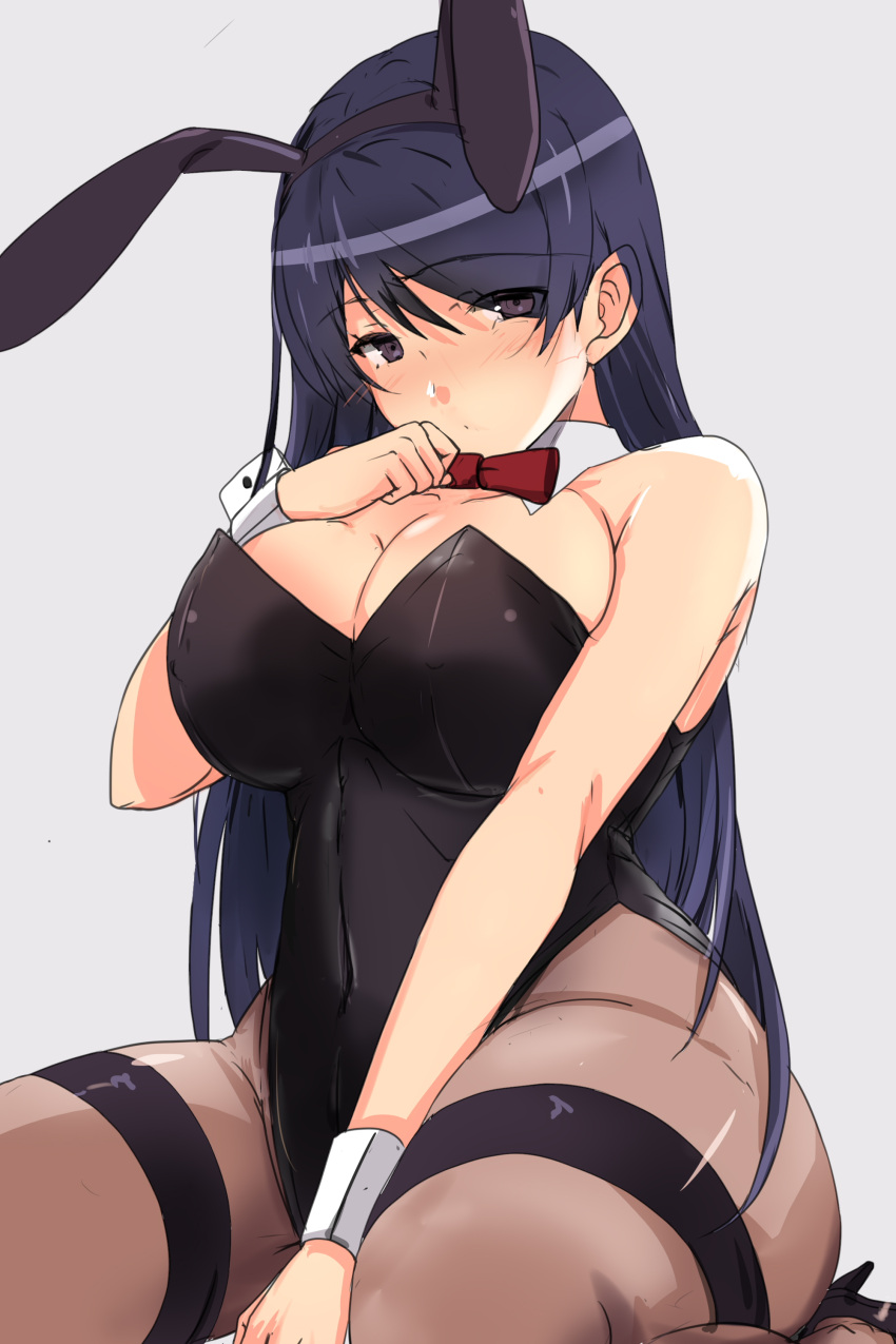 1girl absurdres animal_ears black_eyes black_hair black_leotard bow bowtie breasts brown_legwear commentary_request detached_collar ekaki_kukuma fake_animal_ears highres large_breasts leotard long_hair looking_at_viewer original pantyhose playboy_bunny rabbit_ears red_neckwear solo strapless strapless_leotard thick_thighs thighs wrist_cuffs