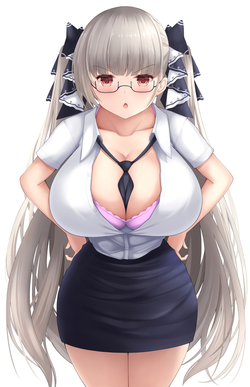1girl absurdres alternate_costume azur_lane bespectacled between_breasts black_neckwear black_ribbon black_skirt bra bra_peek breasts center_opening cowboy_shot eyebrows_visible_through_hair formidable_(azur_lane) gintokyhenry glasses grey_hair hair_ribbon hands_on_hips highres huge_breasts long_hair looking_at_viewer loose_necktie miniskirt necktie necktie_between_breasts office_lady partially_unbuttoned pencil_skirt pink_bra red_eyes ribbon semi-rimless_eyewear shirt short_sleeves simple_background skirt taut_clothes taut_shirt twintails underwear very_long_hair white_background white_shirt