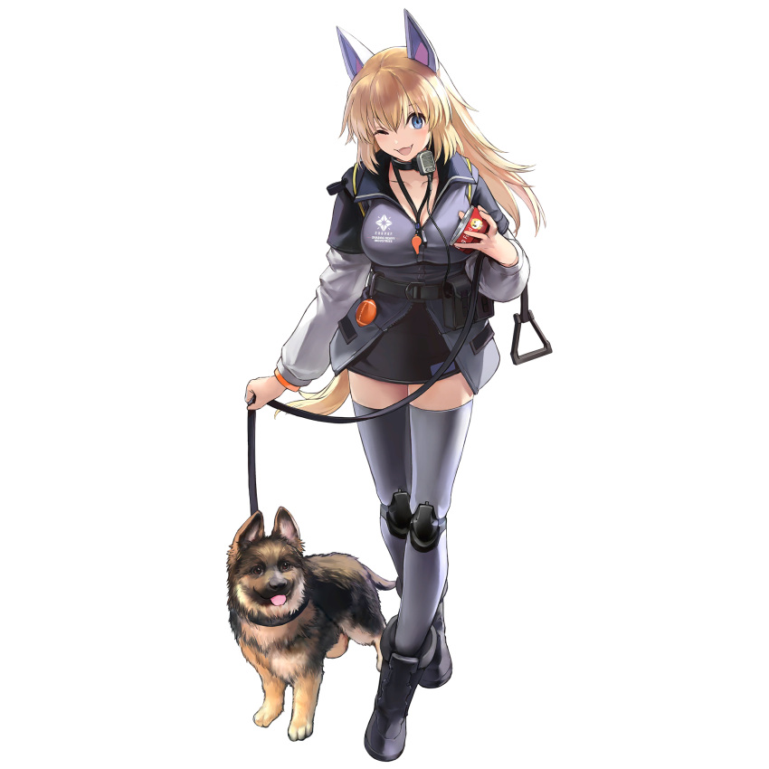 1girl animal_ears blonde_hair blue_eyes boots breasts can dog dog_ears dog_food fangs full_body girls_frontline girls_frontline_neural_cloud highres jacket large_breasts leash long_hair looking_at_viewer m500_(girls_frontline) mechanical_legs official_art one_eye_closed open_mouth puppy skirt smile solo thigh-highs transparent_background whistle whistle_around_neck zettai_ryouiki
