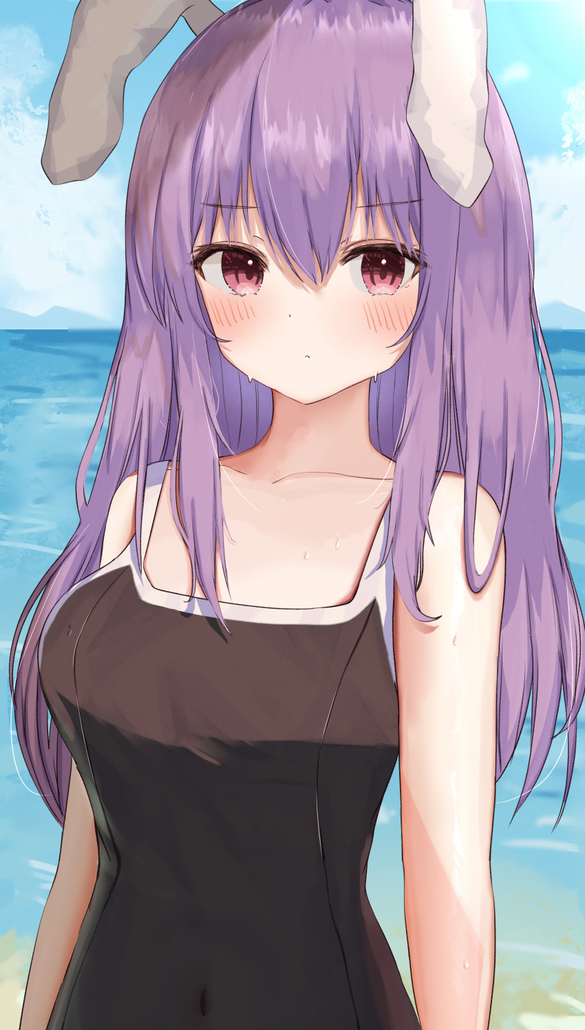 1girl :&lt; absurdres alternate_costume animal_ears aohane bangs bare_shoulders beach black_swimsuit blush breasts closed_mouth clouds collarbone commentary_request day eyebrows_visible_through_hair hair_between_eyes highres horizon huge_filesize long_hair looking_at_viewer medium_breasts one-piece_swimsuit outdoors purple_hair rabbit_ears reisen_udongein_inaba revision solo sweat swimsuit touhou upper_body violet_eyes water