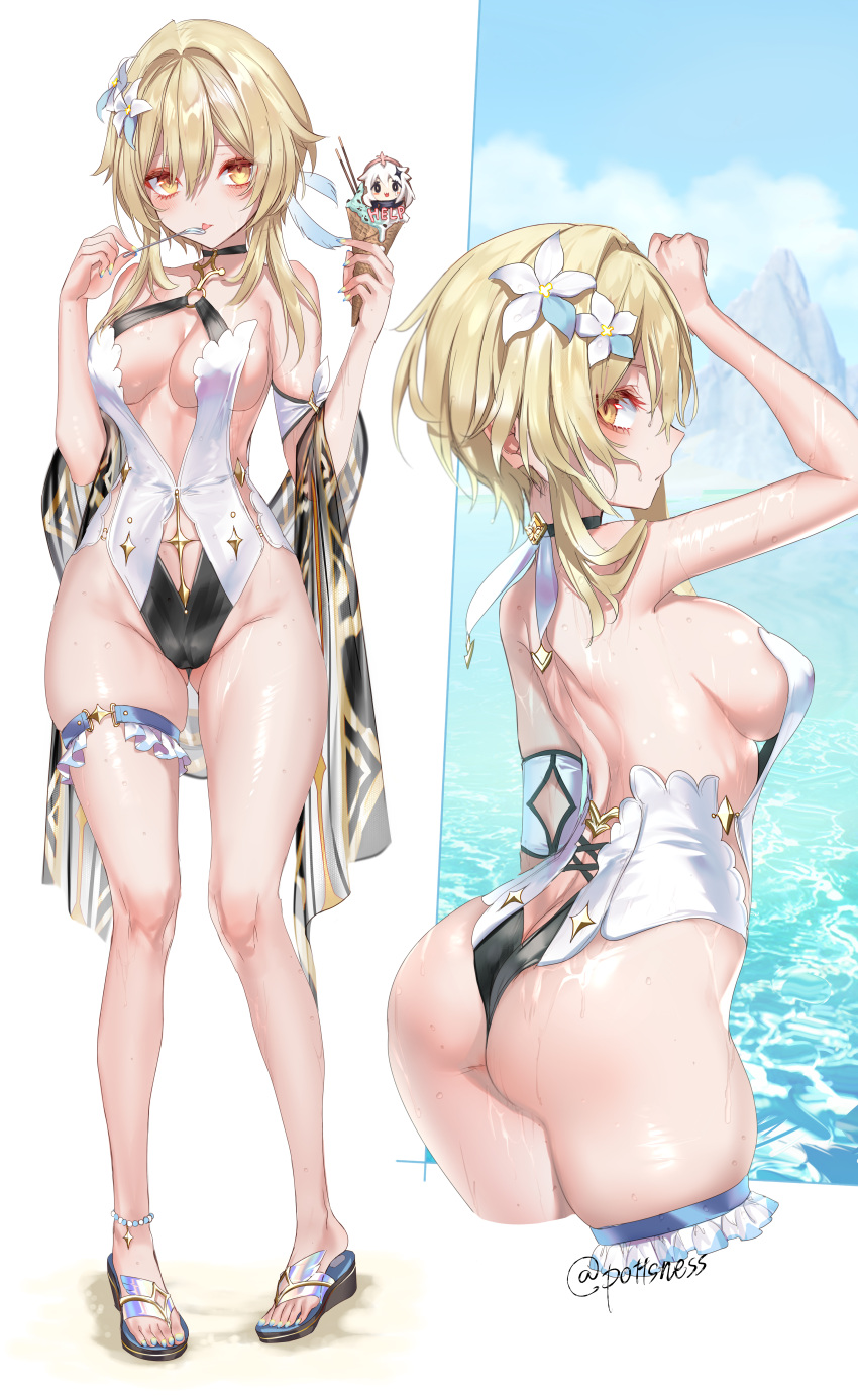 1girl absurdres anklet ass bad_anatomy bangs beads blonde_hair blush bracelet breasts clouds english_text flower food genshin_impact hair_between_eyes highres holding holding_spoon ice_cream ice_cream_cone jewelry lumine_(genshin_impact) medium_breasts mountain multiple_views nail_polish o-ring o-ring_swimsuit one-piece_swimsuit paimon_(genshin_impact) pottsness sandals skindentation sky spoon swimsuit thigh_strap tongue twitter_username water wet white_flower yellow_eyes