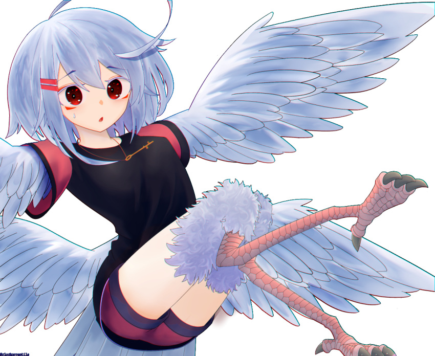 1girl ahoge animal_feet bangs bird_legs bird_tail black_shirt blue_feathers blue_hair blue_wings clockorreptile commentary_request feathered_wings feathers hair_between_eyes hair_ornament hairclip harpy huge_ahoge jewelry key monster_girl multiple_wings necklace open_mouth original red_eyes red_shorts shirt shorts sweatdrop tail tail_feathers talons transparent_background winged_arms wings