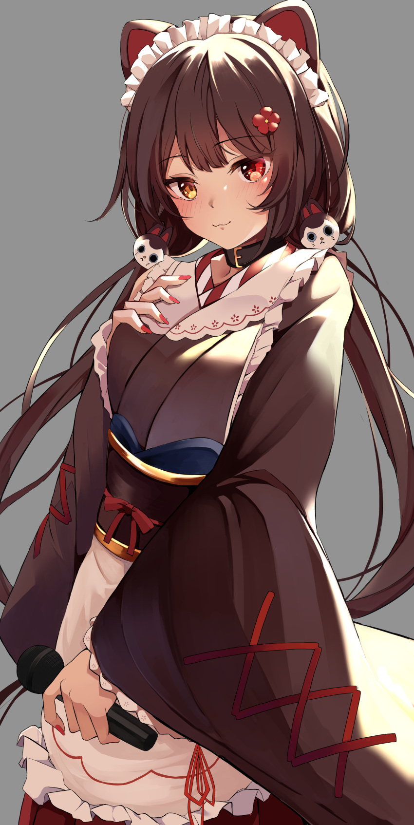 1girl :3 absurdres animal_ears apron bangs brown_hair brown_kimono closed_mouth dog_ears dog_girl dog_hair_ornament flower frilled_apron frills furisode hair_flower hair_ornament hand_on_own_chest heterochromia highres holding holding_microphone inui_toko japanese_clothes kimono long_hair long_sleeves looking_at_viewer low_twintails maid_headdress microphone mikoto_(stbk) nail_polish nijisanji obi obijime red_eyes red_flower sash smile solo twintails very_long_hair virtual_youtuber wa_maid waist_apron wide_sleeves yellow_eyes
