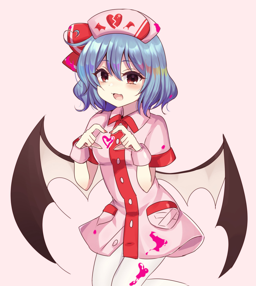 1girl absurdres bangs bat_wings blue_hair blush buttons collar dress eyebrows_visible_through_hair hair_between_eyes hands_up hat hat_ribbon heart heart_hands highres looking_at_viewer open_mouth pantyhose pink_background pink_collar pink_dress pink_headwear pink_sleeves plus_sign red_eyes red_ribbon remilia_scarlet ribbon short_hair short_sleeves simple_background smile solo subaru_(subachoco) touhou white_legwear wings