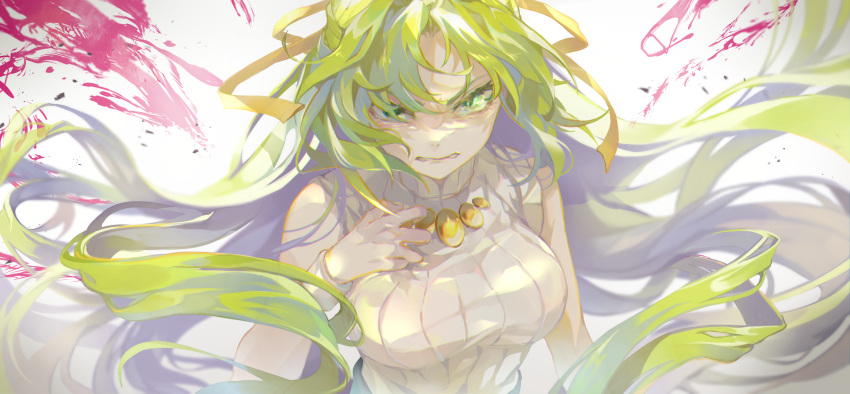 1girl absurdres angry blurry breasts clenched_teeth commentary floating_hair furious green_eyes green_hair hair_ribbon hand_up highres higurashi_no_naku_koro_ni kyusoukyu large_breasts long_hair looking_at_viewer parted_lips ribbed_sweater ribbon sleeveless sleeveless_sweater sleeveless_turtleneck solo sonozaki_shion sweater symbol_commentary teeth turtleneck turtleneck_sweater upper_body v-shaped_eyebrows very_long_hair white_background white_sweater wristband yellow_ribbon