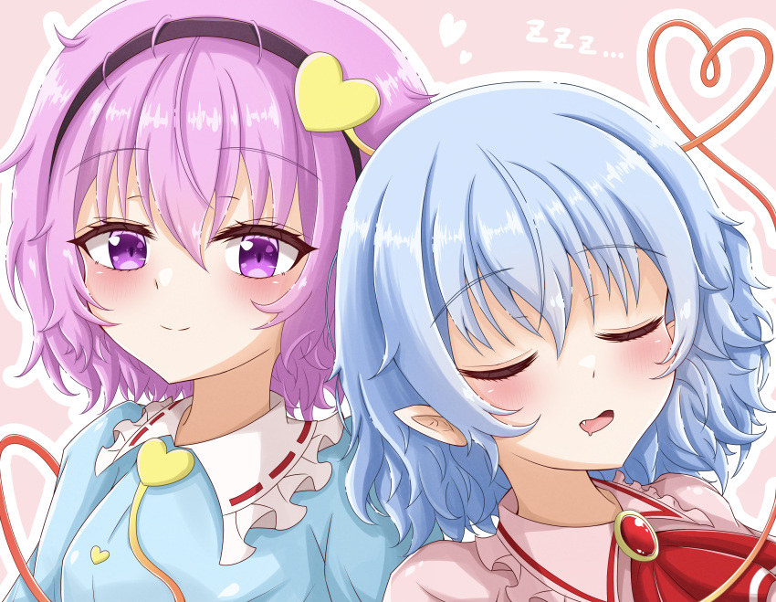 2girls absurdres bangs black_hairband blouse blue_blouse blue_hair blue_sleeves blush breasts closed_eyes closed_mouth collar eyebrows_visible_through_hair gem hair_between_eyes hairband heart heart-shaped_pupils highres jewelry komeiji_satori long_sleeves looking_at_viewer lying_on_person medium_breasts multicolored multicolored_eyes multiple_girls no_hat no_headwear open_mouth pink_background pink_eyes pink_hair pink_sleeves red_neckwear reijing_etrn remilia_scarlet short_hair short_sleeves simple_background sleeping smile symbol-shaped_pupils touhou upper_body violet_eyes
