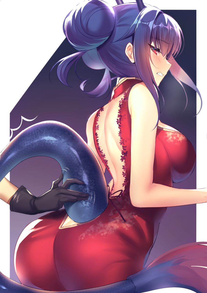 1girl arknights ass back_cutout bangs bare_arms bare_shoulders black_gloves blush breasts butt_crack ch'en_(ageless_afterglow)_(arknights) ch'en_(arknights) china_dress chinese_clothes clenched_teeth clothing_cutout commentary cowboy_shot double_bun dress eyebrows_visible_through_hair from_behind gloves hair_between_eyes highres horns hoshiguma_(arknights) kernel_killer large_breasts official_alternate_costume out_of_frame profile purple_background purple_hair red_dress red_eyes revision sidelocks sleeveless sleeveless_dress solo_focus tail teeth tsurime