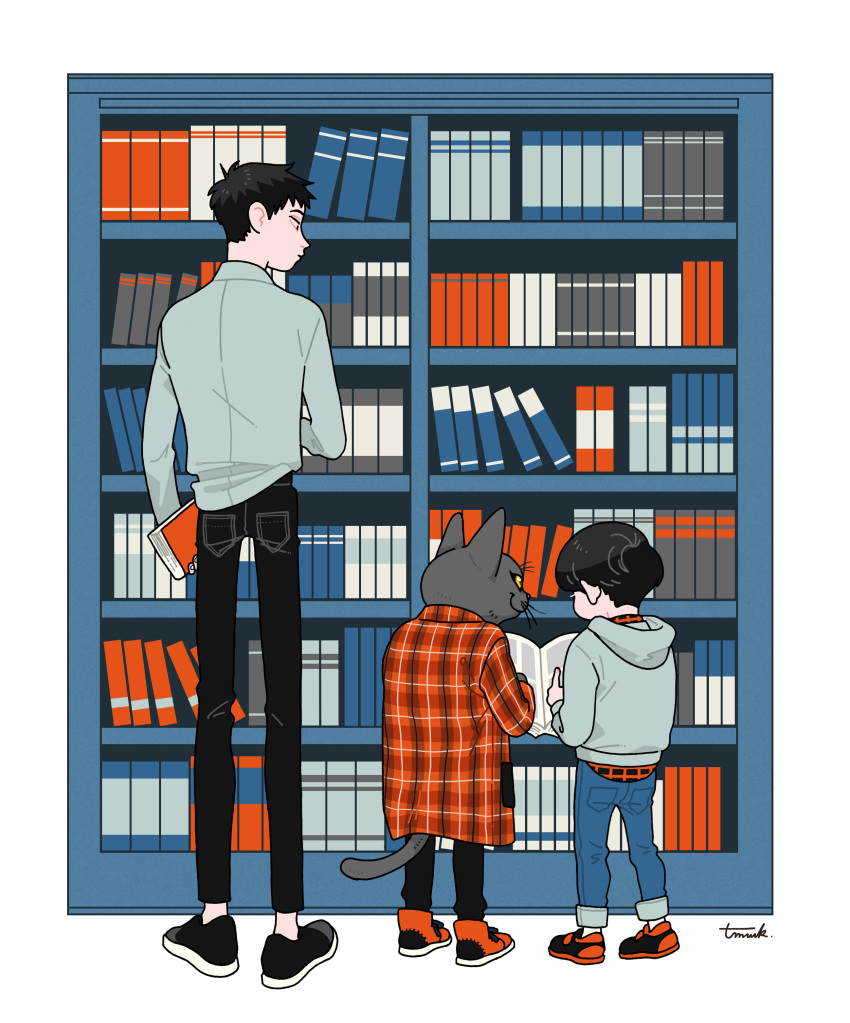1other 2boys absurdres black_footwear black_hair black_pants blue_pants book bookshelf collared_shirt flat_color from_behind highres holding holding_book kk724 limited_palette long_sleeves multiple_boys open_book original pants red_footwear shirt shoes short_hair signature white_shirt