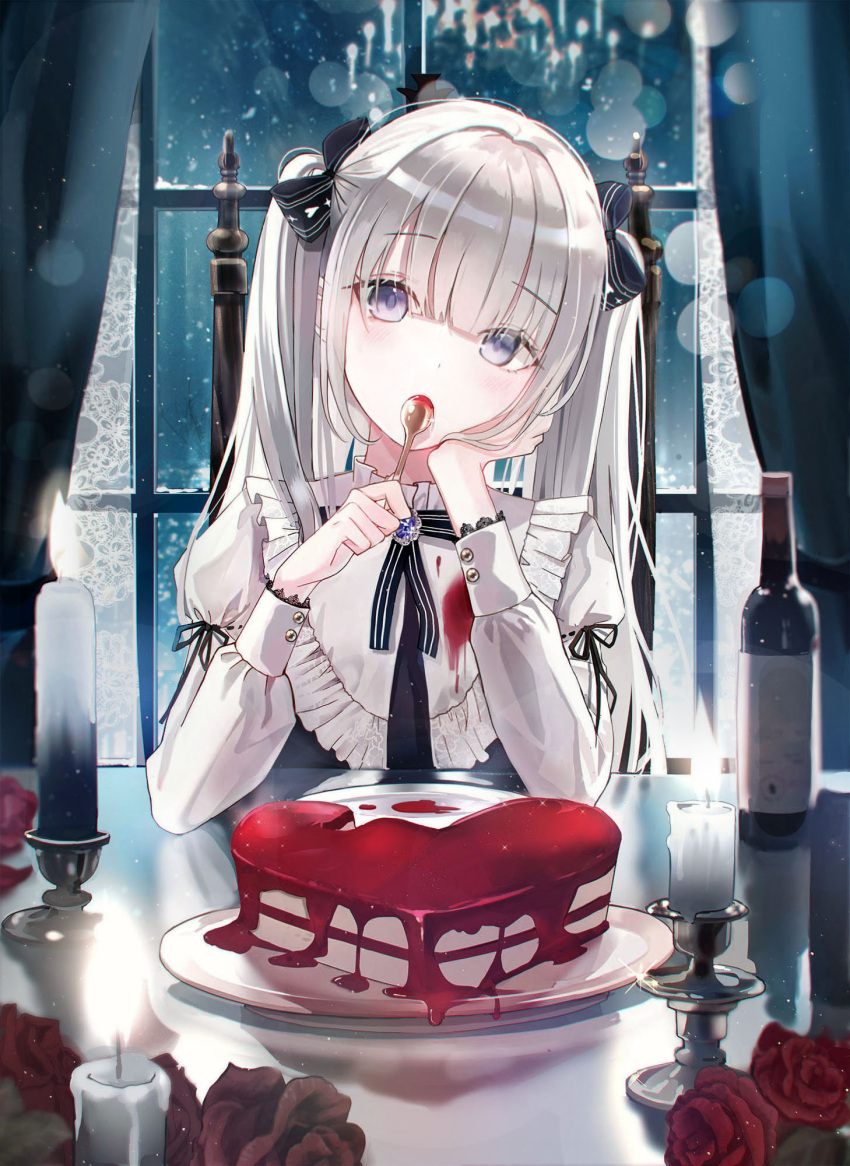 1girl bangs black_bow black_neckwear black_ribbon blueberry blunt_bangs blush bottle bow cake candle commentary english_commentary eyebrows_visible_through_hair flower food frilled_shirt_collar frills fruit glint hair_bow head_tilt heart highres holding holding_spoon indoors iren_lovel long_sleeves neck_ribbon original red_flower red_rose reflection revision ribbon rose silver_hair solo spoon table twintails upper_body violet_eyes window wine_bottle
