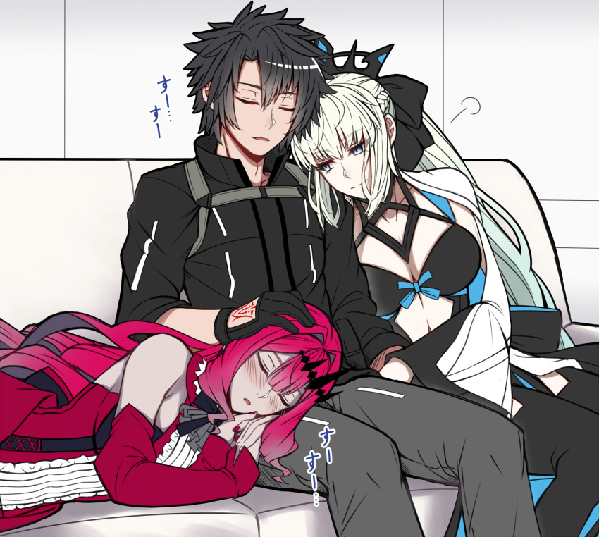 1boy 2girls bare_shoulders black_bow black_dress black_hair black_shirt bow braid breasts center_opening circlet closed_eyes clothing_cutout couch detached_collar detached_sleeves dress earrings fairy_knight_tristan_(fate) fate/grand_order fate_(series) french_braid fujimaru_ritsuka_(male) hand_on_another's_head highres jewelry lap_pillow large_breasts leaning_on_person light_blue_eyes long_hair lying_on_lap morgan_le_fay_(fate) multiple_girls pink_hair platinum_blonde_hair red_dress sanmotogoroo shirt sidelocks sitting sleeping sleeping_on_person smile stomach_cutout two-tone_dress