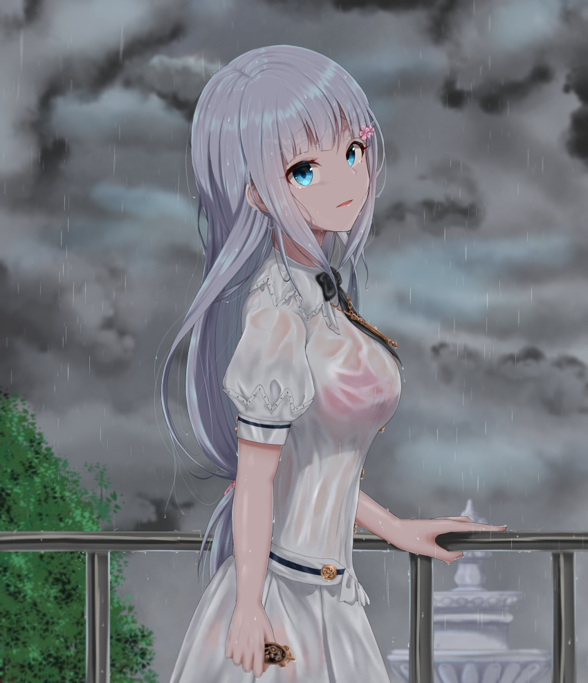 1girl blue_eyes bra breasts clouds cloudy_sky fountain ggim_(kdnx8758) hair_ornament head_tilt highres idolmaster idolmaster_million_live! idolmaster_million_live!_theater_days long_hair medium_breasts outdoors rain school_uniform see-through shiraishi_tsumugi silver_hair skirt sky solo tears tree underwear wet wet_clothes