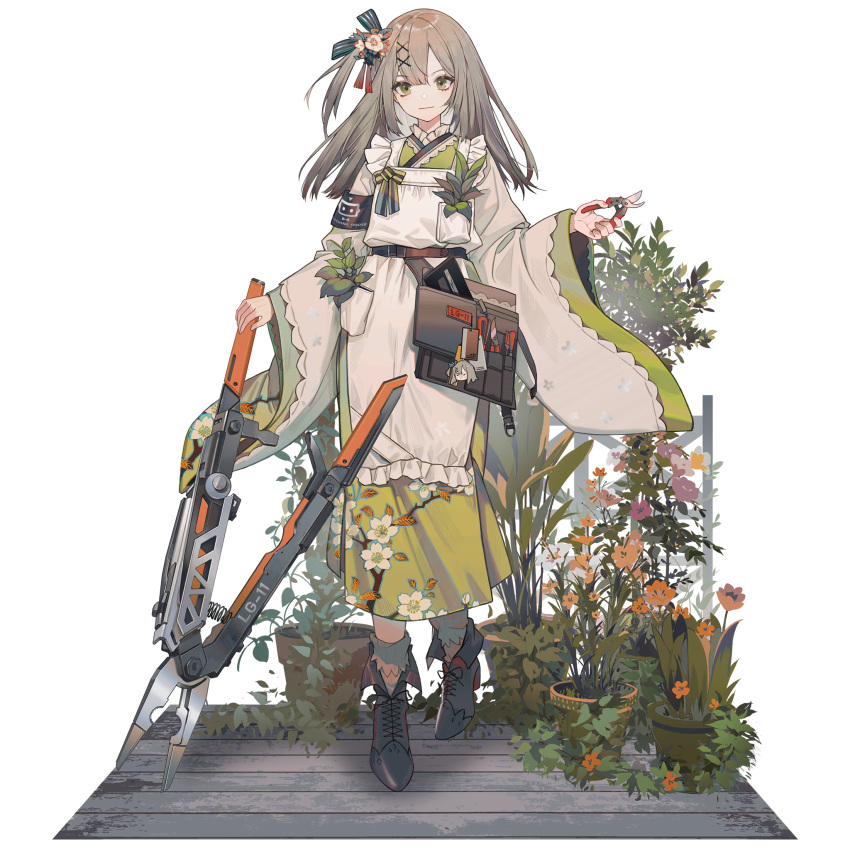 1girl apron bag_charm bangs blunt_bangs brown_hair charm_(object) floral_print flower frilled_apron frills full_body girls_frontline girls_frontline_neural_cloud green_eyes green_kimono hair_between_eyes hair_flower hair_ornament highres holding japanese_clothes kimono long_hair long_sleeves looking_at_viewer official_art one_side_up oversized_object plant potted_plant sakuya_(girls_frontline_nc) shears shoes smile solo transparent_background white_apron wide_sleeves