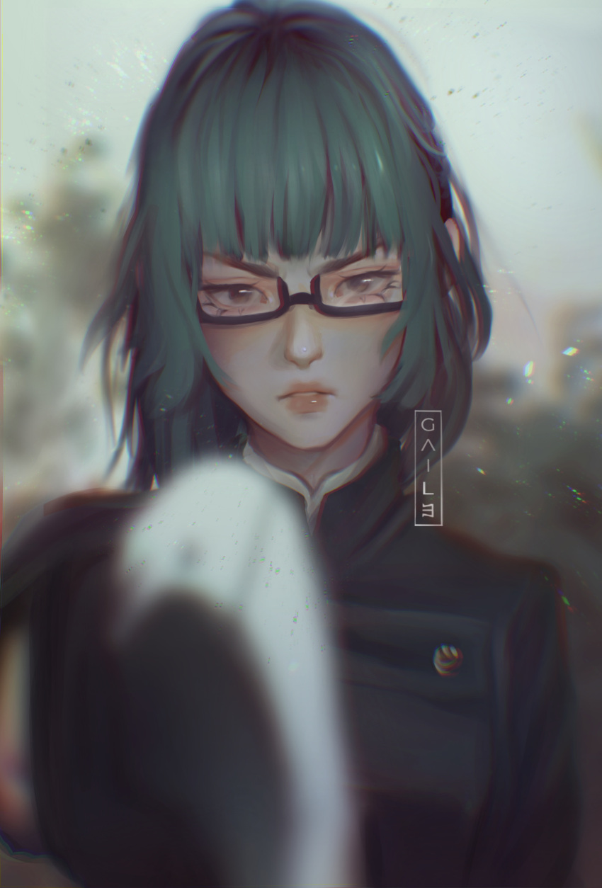 1girl absurdres art_by_gaile bangs black_hair black_jacket bokken closed_mouth glasses green_hair highres holding jacket jujutsu_kaisen long_sleeves looking_at_viewer ponytail school_uniform sword weapon wooden_sword yellow_eyes zen'in_maki