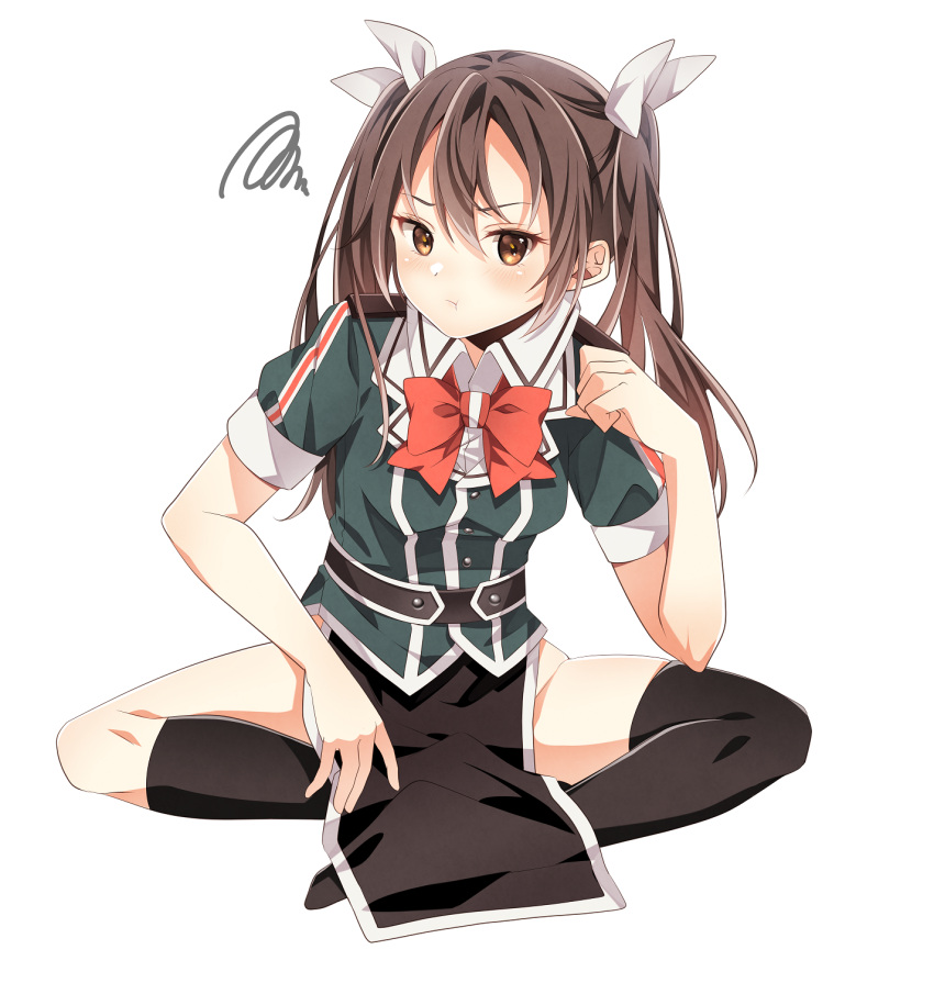 1girl black_legwear brown_eyes brown_hair buttons green_jacket hair_between_eyes hair_ribbon highres jacket kantai_collection kneehighs kukimaru long_hair pelvic_curtain pout remodel_(kantai_collection) ribbon short_sleeves simple_background single_kneehigh single_thighhigh solo thigh-highs tone_(kancolle) twintails white_background white_ribbon