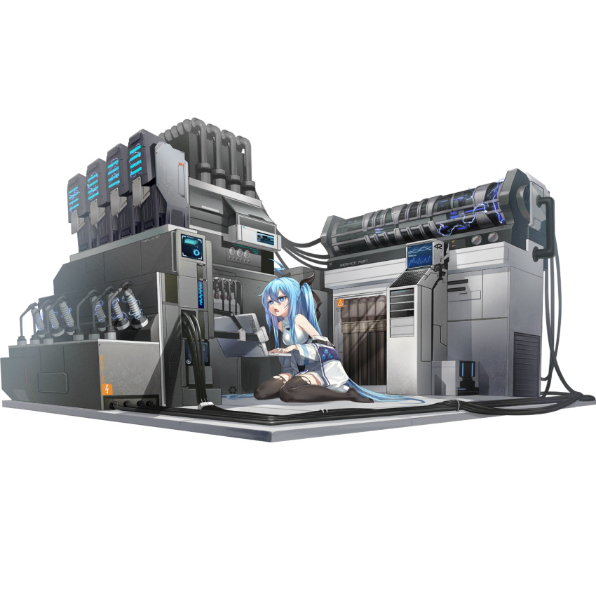 1girl ahoge black_ribbon blue_eyes blue_hair breasts cable computer d: dress electricity frown full_body girls_frontline girls_frontline_neural_cloud hair_between_eyes hair_ribbon highres laptop long_hair machinery max_(girls_frontline_nc) no_shoes off_shoulder official_art open_mouth ribbon sidelocks sitting small_breasts solo sweat thigh-highs torn_clothes torn_legwear transparent_background twintails typing very_long_hair wariza white_dress