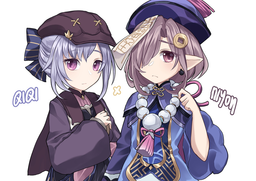 2girls alternate_costume alternate_hairstyle bangs bead_necklace beads bow cabbie_hat character_name coin_hair_ornament commentary commentary_request cosplay costume_switch crossover earrings eyebrows_visible_through_hair genshin_impact granblue_fantasy hair_bow hair_over_one_eye hair_ribbon hairstyle_switch hat jewelry jiangshi long_hair long_sleeves looking_at_viewer multiple_girls necklace nio_(granblue_fantasy) nio_(granblue_fantasy)_(cosplay) pointy_ears purple_hair qing_guanmao qiqi_(genshin_impact) qiqi_(genshin_impact)_(cosplay) ribbon rktsm sidelocks simple_background violet_eyes white_background