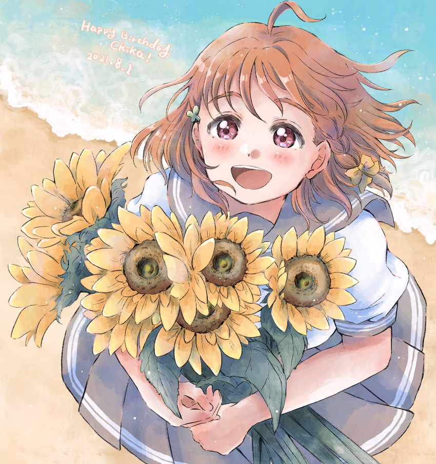 1girl ahoge beach birthday blush braid dutch_angle eyebrows_visible_through_hair flower happy_birthday highres looking_at_viewer love_live! love_live!_sunshine!! ocean orange_hair parted_lips red_eyes sakanahachi sand short_hair side_braid smile solo sunflower takami_chika