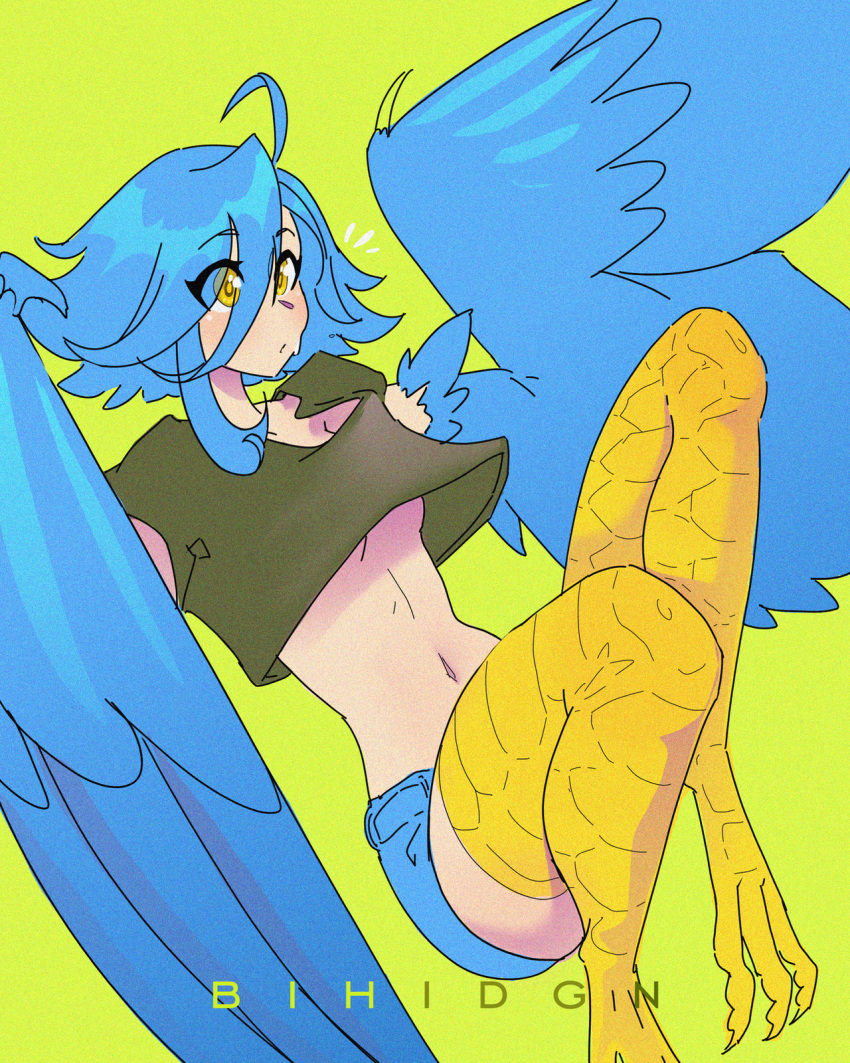 1girl ahoge animal_feet artist_name bangs bihidgn bird_legs black_shirt blue_hair blue_wings breasts feathered_wings feathers harpy highres monster_girl monster_musume_no_iru_nichijou navel papi_(monster_musume) shirt short_hair shorts simple_background small_breasts solo talons under_boob winged_arms wings yellow_background yellow_eyes