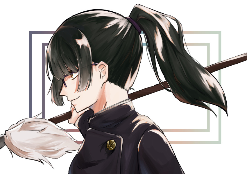 1girl bangs black_hair black_jacket closed_mouth glasses green_hair highres holding jacket jujutsu_kaisen long_hair long_sleeves mnmk0904 ponytail school_uniform smile solo weapon yellow_eyes zen'in_maki