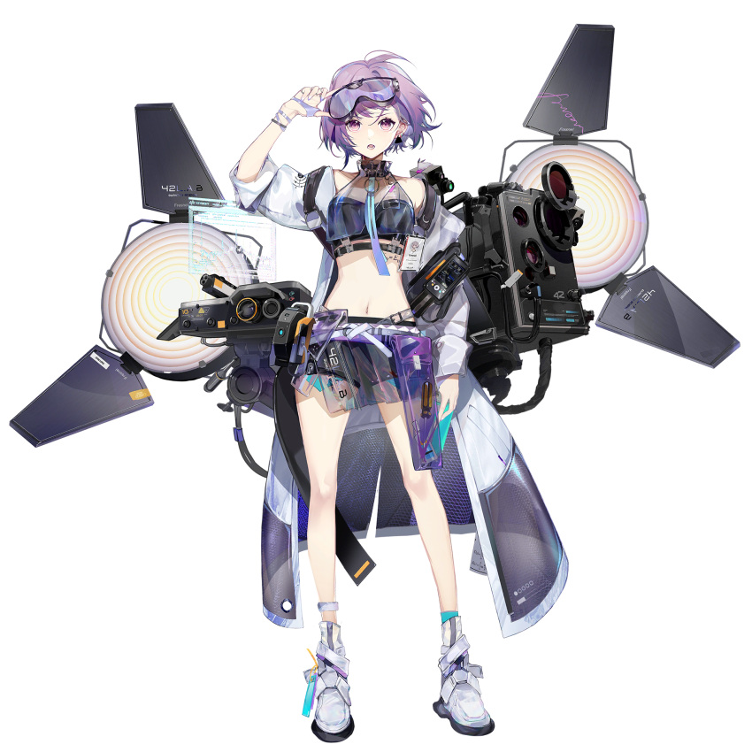 1girl adjusting_goggles backpack bag black_shorts breasts crop_top earrings fresnel_(girls_frontline_nc) full_body girls_frontline girls_frontline_neural_cloud goggles goggles_on_head highres id_card jacket jewelry long_jacket looking_at_viewer midriff navel official_art open_clothes open_jacket open_mouth purple_hair see-through shoes short_hair shorts small_breasts solo stage_lights tattoo transparent_background violet_eyes white_jacket