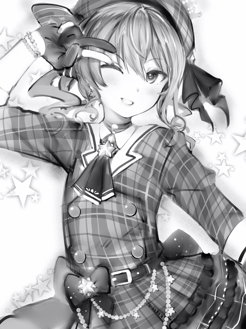 1girl bead_bracelet beads belt blush bow bracelet buttons checkered checkered_dress choker cowboy_shot double-breasted dress gloves greyscale hand_up highres hololive hoshimachi_suisei jewelry looking_at_viewer monochrome nanashi_(nlo) one_eye_closed partially_fingerless_gloves short_sleeves smile solo v_over_eye virtual_youtuber