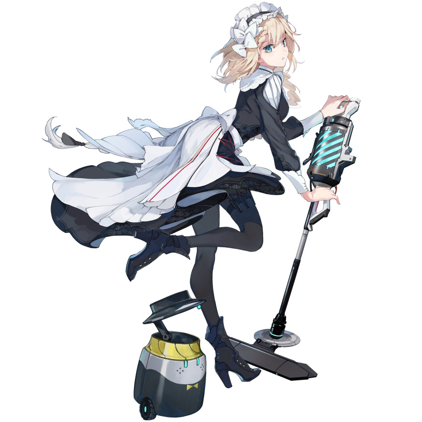 1girl black_dress blonde_hair blue_eyes boots bow braid dress from_side full_body g36_(girls_frontline) girls_frontline girls_frontline_neural_cloud hair_bow high_heel_boots high_heels highres leg_up long_hair looking_at_viewer maid maid_headdress official_art pantyhose solo transparent_background vacuum_cleaner