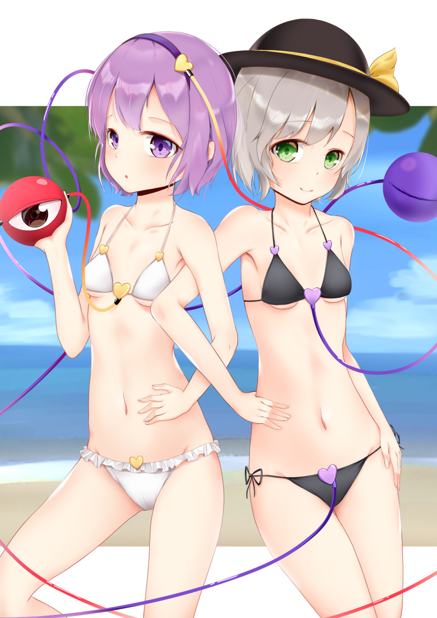 2girls absurdres bangs bare_shoulders beach bikini black_bikini black_bra black_headwear black_panties blue_sky border bow bra breasts brown_eyes closed_mouth clouds cloudy_sky eyebrows_visible_through_hair green_eyes hairband hand_on_hip hand_up hat hat_bow heart heart-shaped_pupils highres holding komeiji_koishi komeiji_satori leaf mantou_xiang multiple_girls navel open_mouth panties purple_hair purple_hairband sand short_hair silver_hair sky small_breasts smile standing stomach swimsuit symbol-shaped_pupils third_eye touhou underwear violet_eyes white_bikini white_border white_bra white_panties yellow_bow