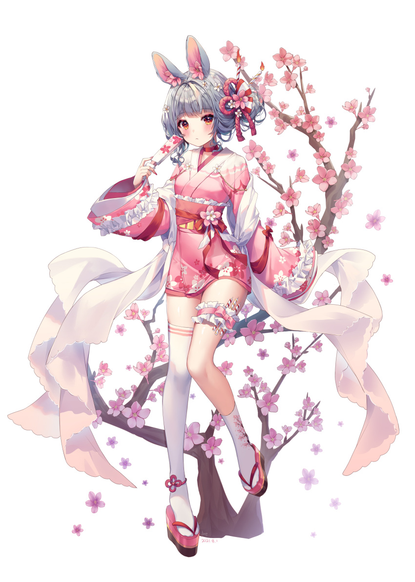 +_+ 1girl :c absurdres animal_ears bangs blush candle cherry_blossoms cherry_tree closed_fan closed_mouth commentary dated english_commentary eyebrows_visible_through_hair flower folding_fan frilled_sleeves frills full_body grey_hair hair_flower hair_ornament hair_up hand_fan highres holding holding_fan japanese_clothes kimono long_sleeves looking_at_viewer obi orange_eyes original pink_flower pink_kimono rabbit_ears sash shiro_albino signature simple_background single_thighhigh solo symbol-shaped_pupils tabi tagme thigh-highs white_background white_flower white_legwear zouri