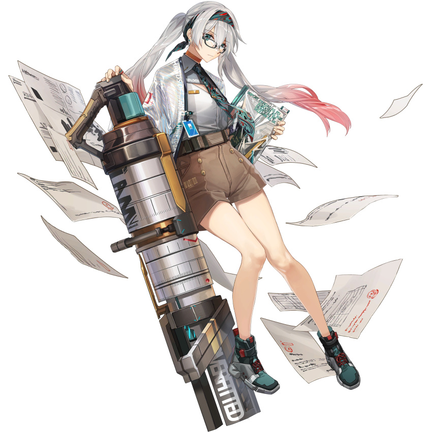1girl aqua_eyes breasts brown_shorts cleavage_cutout clothing_cutout full_body girls_frontline girls_frontline_neural_cloud glasses hair_between_eyes hairband highres huge_weapon id_card legs looking_at_viewer lwmmg_(girls_frontline) multicolored_hair necktie official_art paper pink_hair shirt shoes shorts silver_hair small_breasts sneakers solo transparent_background twintails weapon white_shirt