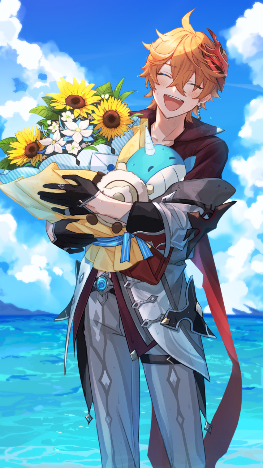 1boy bangs black_gloves blush bouquet closed_eyes clouds crossed_bangs day earrings flower genshin_impact gloves hair_between_eyes highres holding jacket jewelry male_focus mask mask_on_head miz_003 ocean off_shoulder open_mouth orange_hair outdoors red_scarf red_shirt ruin_guard_(genshin_impact) scarf shirt single_earring sky solo stuffed_toy sunflower tartaglia_(genshin_impact) vision_(genshin_impact) water wet wet_hair white_flower yellow_flower