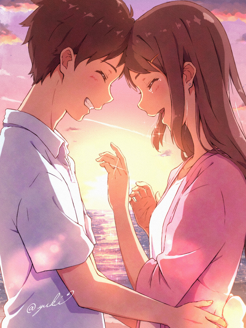 1boy 1girl brown_hair closed_eyes couple evening forehead-to-forehead grin hair_ornament hairclip hand_on_another's_hip happy happy_tears hetero highres jewelry long_hair ocean original profile ring signature smile sunset tears yuki_yuxtuke