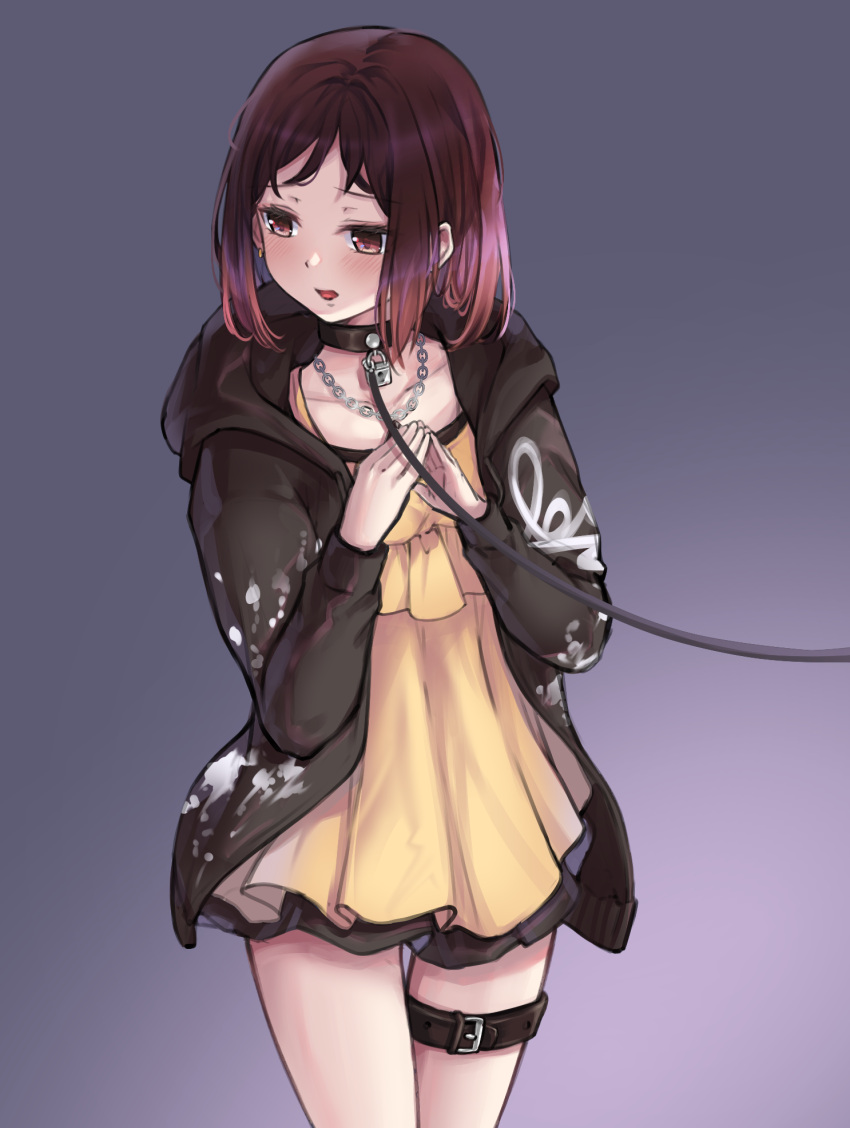 1girl alternate_hairstyle bang_dream! bangs bare_legs black_collar black_hoodie blue_background brown_eyes brown_hair chain chain_necklace collar cowboy_shot dress earrings embarrassed eyelashes fingers_together frilled_dress frills gradient gradient_background hazawa_tsugumi highres hood hood_down hoodie jewelry leash lock long_sleeves looking_away looking_down medium_hair open_clothes open_hoodie open_mouth padlock padlocked_collar ptal sidelocks sketch solo standing thigh_gap thigh_strap yellow_dress