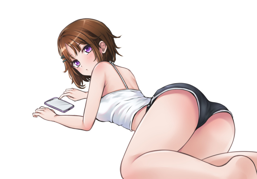 1girl ass bang_dream! bangs bare_back bare_legs bare_shoulders barefoot black_shorts blush breasts brown_hair camisole cellphone dolphin_shorts feet_out_of_frame from_behind hair_ornament hairclip looking_at_viewer looking_back lying medium_breasts on_stomach parted_lips phone ptal short_hair short_shorts shorts sidelocks simple_background sleeveless smartphone solo spaghetti_strap toyama_asuka violet_eyes white_background white_camisole