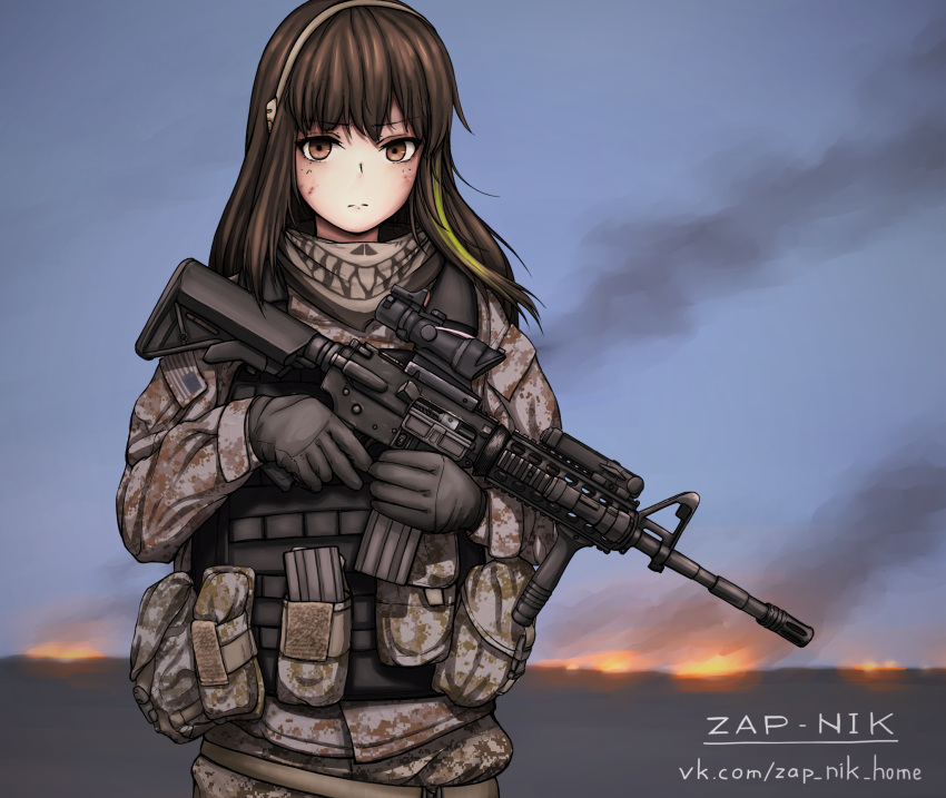 1girl ammunition_belt ammunition_pouch assault_rifle bangs blurry blurry_background brown_eyes brown_hair camouflage camouflage_jacket camouflage_pants closed_mouth dirty dirty_face fire girls_frontline gloves gun hair_between_eyes headpiece highres holding holding_gun holding_weapon jacket long_hair long_sleeves looking_at_viewer m4_carbine m4a1_(girls_frontline) military military_jacket military_uniform multicolored_hair outdoors pants pouch rifle scarf smoking solo streaked_hair sunset uniform united_states_army vest weapon zap-nik