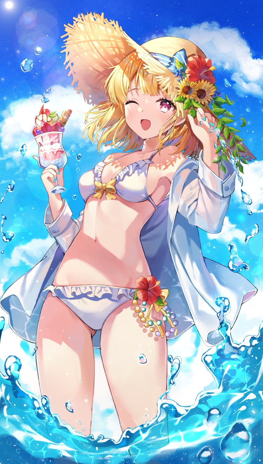 1girl ;d absurdres auro_drm bangs bikini blonde_hair blue_sky blunt_bangs breasts brown_headwear clouds cup day flower food frilled_bikini frills hat highres holding holding_cup jacket long_hair long_sleeves looking_at_viewer medium_breasts navel one_eye_closed open_clothes open_jacket open_mouth original partially_submerged pink_eyes short_hair sky smile solo straw_hat summer sunflower swimsuit water white_bikini white_jacket