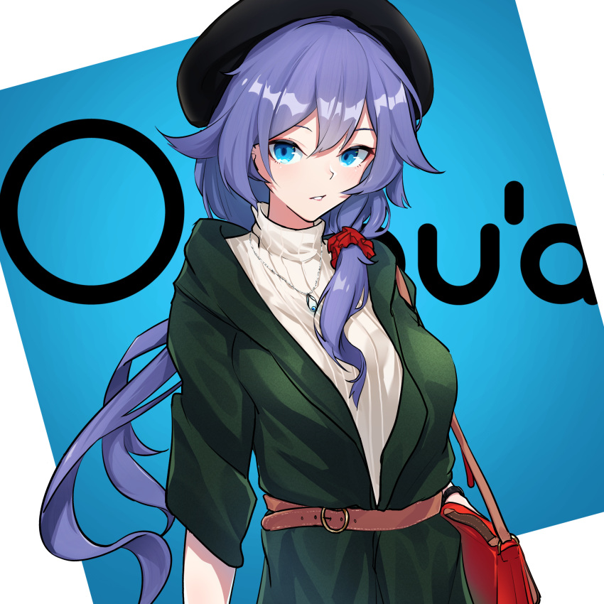 1girl absurdres bag bangs belt beret black_hair blue_eyes casual fashion fu_hua green_headwear green_jacket hair_between_eyes hair_ornament handbag hat highres honkai_(series) honkai_impact_3rd jacket jewelry long_hair looking_at_viewer necklace open_mouth red_bag ribbed_sweater sleeves_rolled_up solo sweater teeth you'a