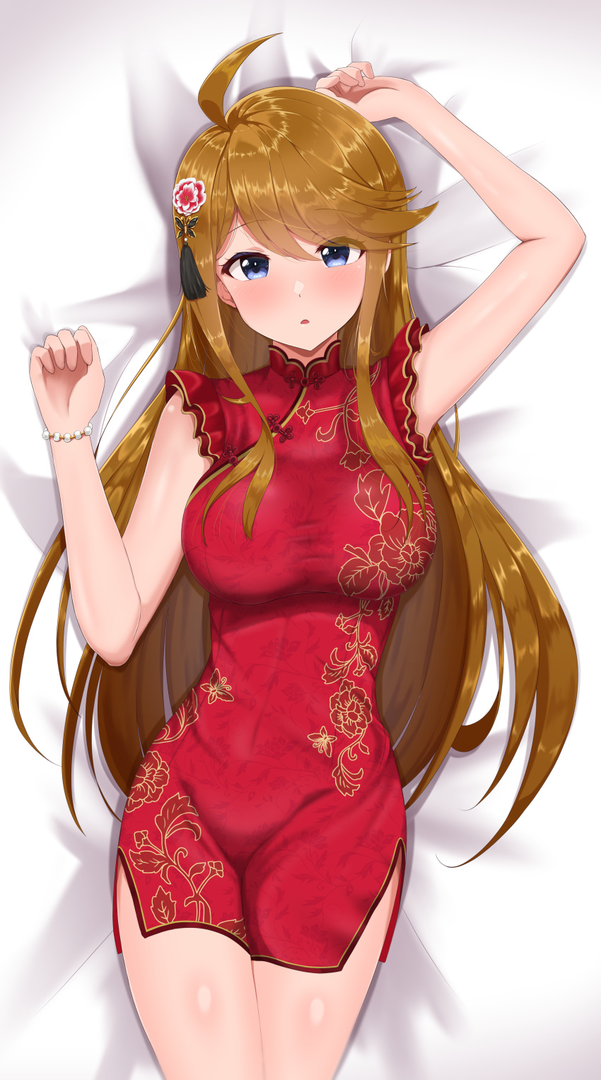 1girl absurdres ahoge arm_up bangs bed_sheet blue_eyes breasts brown_hair chestnut_mouth china_dress chinese_clothes cowboy_shot dress eyebrows_visible_through_hair floral_print flower ggim_(kdnx8758) hair_flower hair_ornament highres idolmaster idolmaster_million_live! idolmaster_million_live!_theater_days long_hair lying medium_breasts on_back pelvic_curtain red_dress side_slit skindentation solo swept_bangs tokoro_megumi