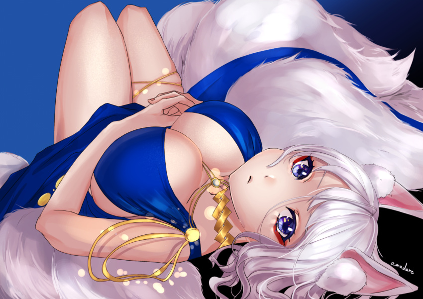 1girl amadarel artist_name azur_lane black_background blue_background blue_dress breasts center_opening cocktail_glass cup dress drinking_glass evening_gown fox_tail gold_necklace gradient gradient_background halter_dress halterneck kaga_(azur_lane) kaga_(white-tailed_magnificence)_(azur_lane) kitsune kyuubi large_breasts large_tail looking_at_viewer medium_hair multiple_tails simple_background sleeveless sleeveless_dress solo tail violet_eyes white_hair white_tail