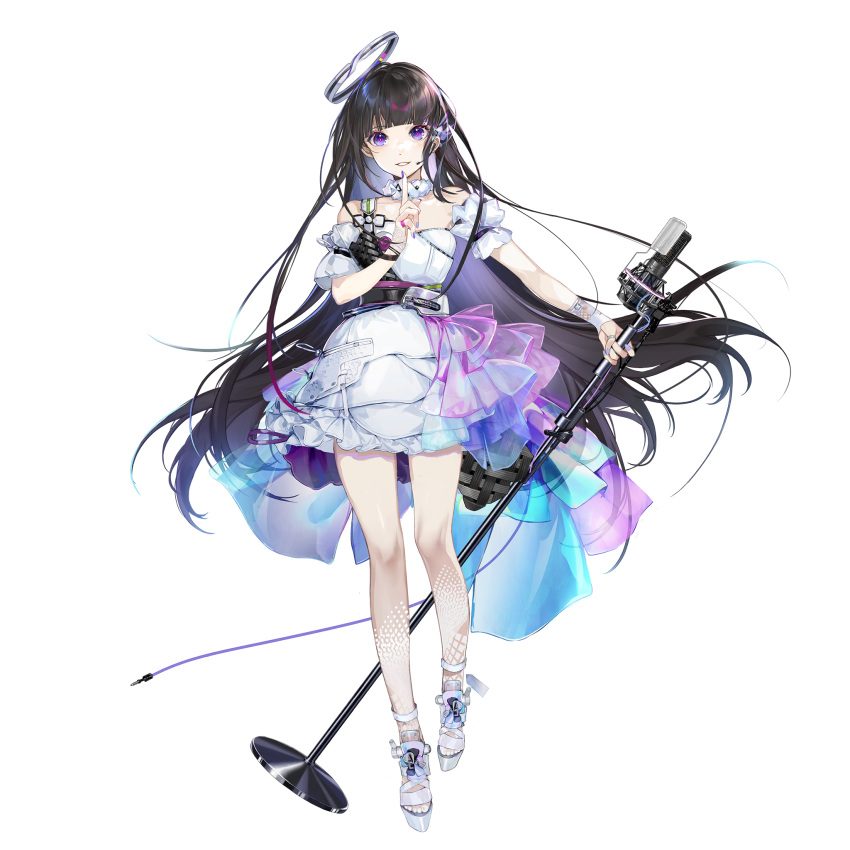 1girl bare_shoulders brown_hair dress earpiece finger_to_own_chin frilled_dress frills full_body girls_frontline girls_frontline_neural_cloud halo highres holding holding_microphone_stand legs long_hair looking_at_viewer microphone microphone_stand nanaka_(girls_frontline_nc) official_art sandals smile solo transparent_background very_long_hair violet_eyes white_dress