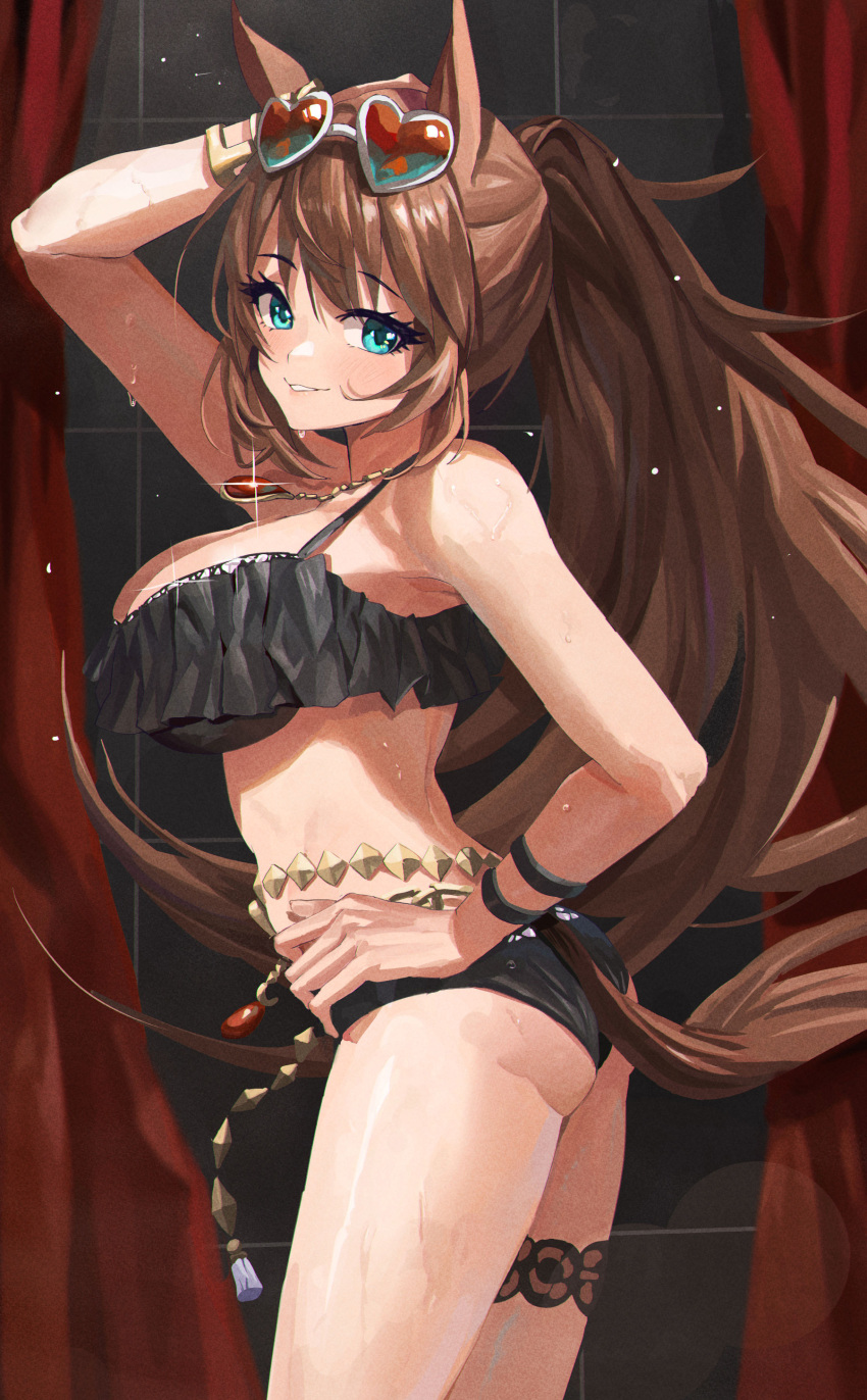 1girl absurdres alraune animal_ears arm_up bangs bikini black_bikini blue_eyes blush brown_hair commentary cowboy_shot curtains eyebrows_visible_through_hair eyewear_on_head from_side hair_between_eyes hand_on_hip heart heart-shaped_eyewear highres hirasawagitai horse_ears horse_girl horse_tail jewelry long_hair looking_at_viewer maruzensky_(umamusume) monster_girl necklace parted_lips plant_girl ponytail solo standing sunglasses swimsuit tail thigh_strap umamusume very_long_hair wet