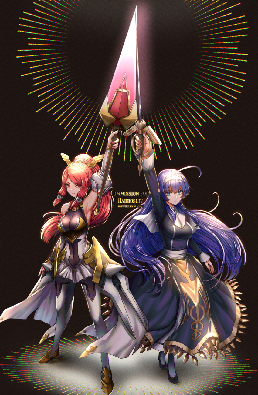 2girls ahoge arm_up armor armored_dress armpits artist_name blazblue blazblue:_chronophantasma blazblue:_cross_tag_battle blue_eyes blue_hair boots breasts commission crossover hairband highres holding holding_sword holding_weapon huge_ahoge impossible_clothes izayoi_(blazblue) long_hair looking_at_viewer medium_breasts multiple_girls orie_(under_night_in-birth) ponytail rapier red_eyes redhead sword thigh-highs thigh_boots under_night_in-birth very_long_hair wani_(fadgrith) weapon white_footwear white_hairband white_legwear