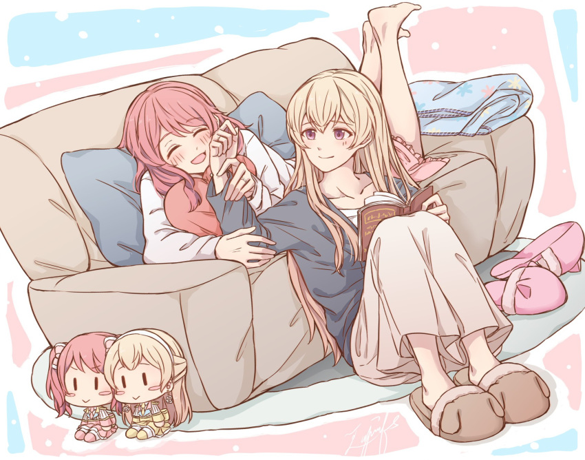 2girls ^_^ aiiro_bokujuu animal_slippers bang_dream! barefoot blush book character_doll closed_eyes couch hand_on_another's_arm highres jewelry long_hair lying maruyama_aya multiple_girls on_couch on_ground on_stomach pink_hair reading ring shirasagi_chisato sitting slippers smile violet_eyes wedding_band yuri